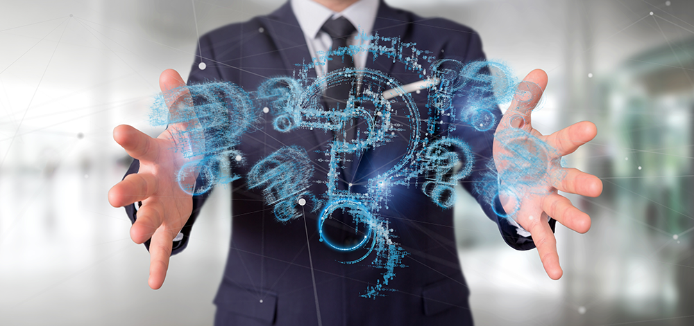 Image of a man juggling what appears to be question marks.