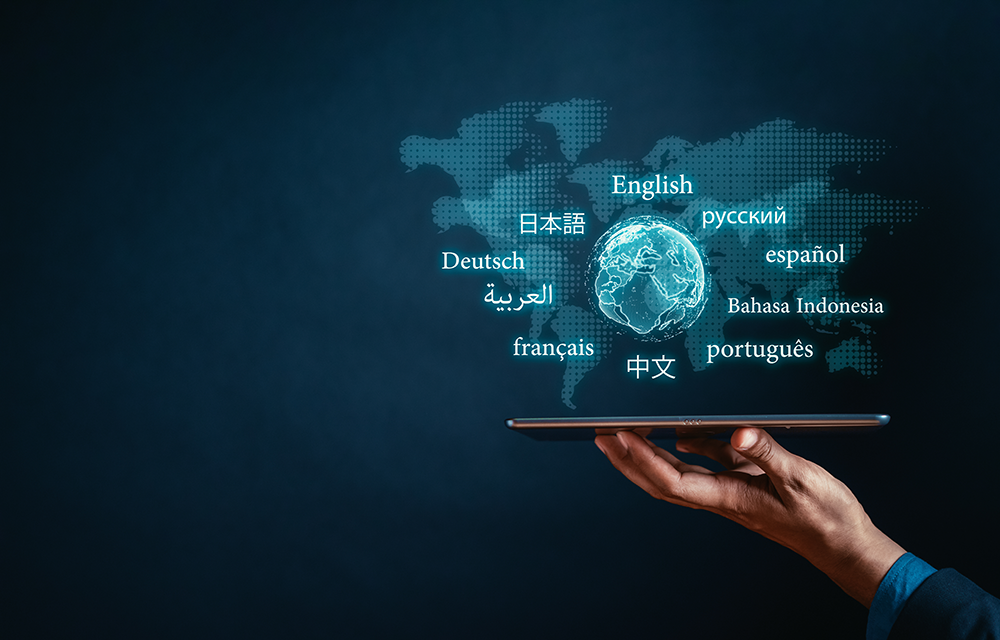 Image of a laptop with a slightly transparent globe above it.